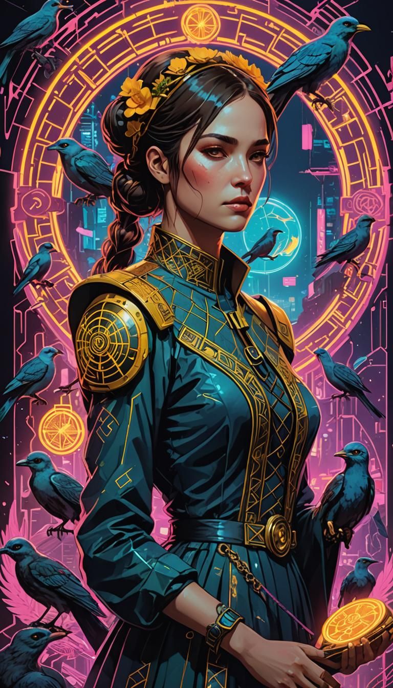 Nine of Pentacles Tarot Card in Cyberpunk Style