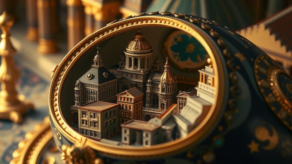 Miniature City Inside Faberge Egg, Hyperrealistic HDR