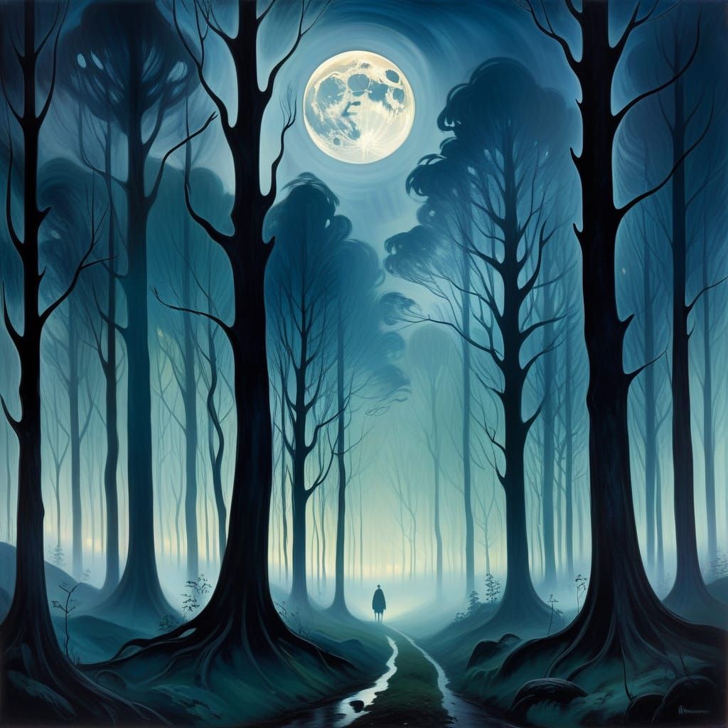 Mystical Moonlit Forest with Eerie Silhouettes
