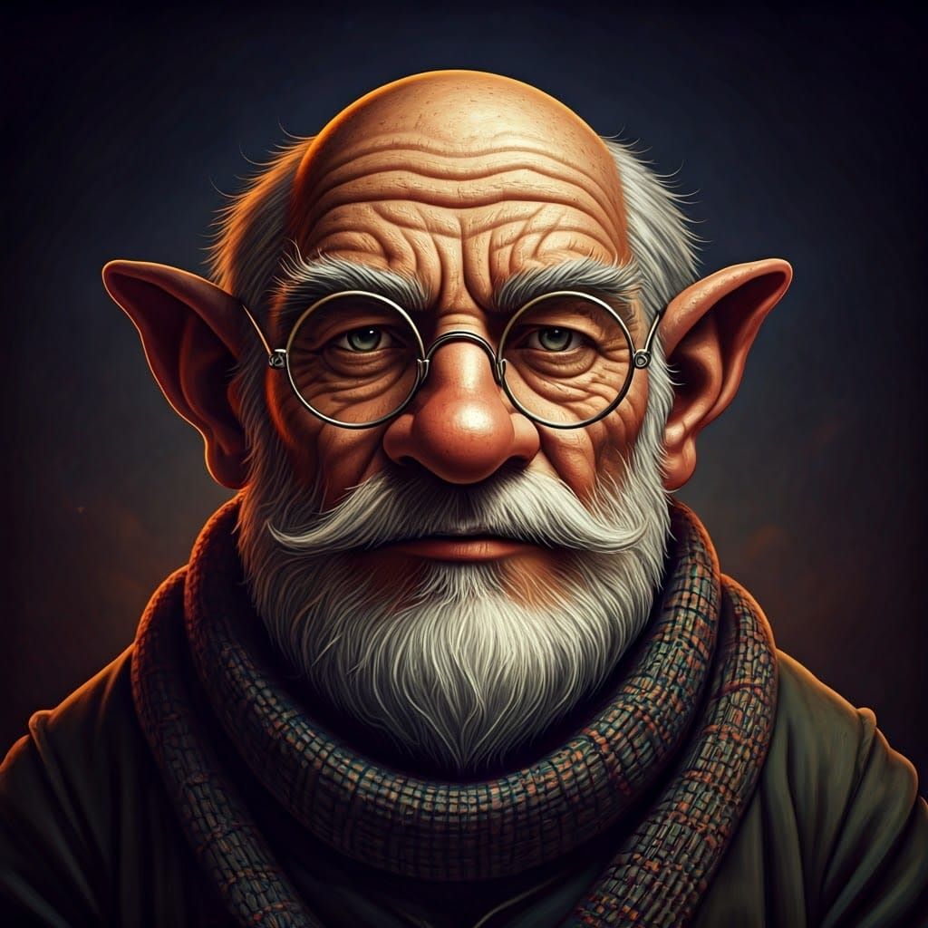 Intricate Etched Portrait of a Whimsical Gnome Scholar