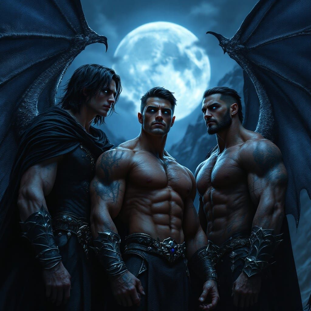 Winged Warriors in Moonlit Landscape: Film Noir Style