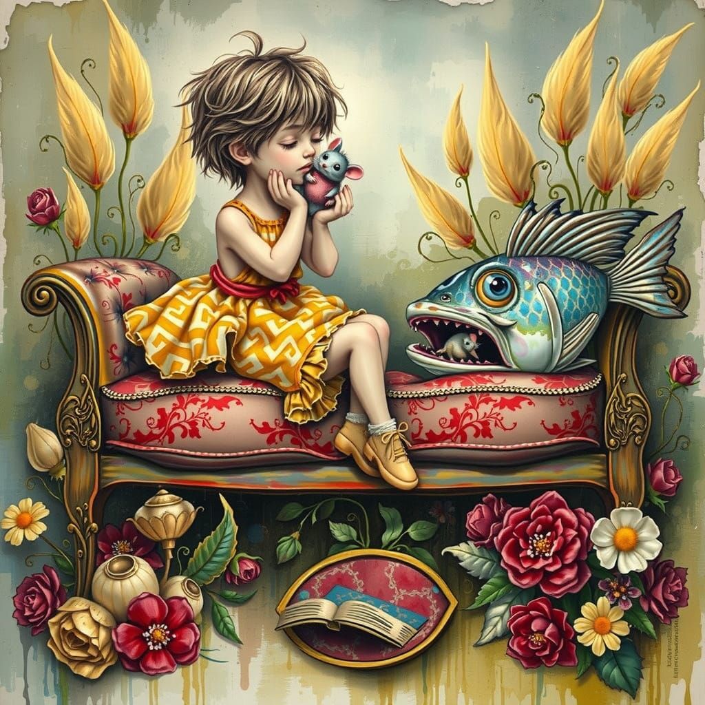 Surreal Tim Burton-Inspired Painting of Boy with Colossal Fi...