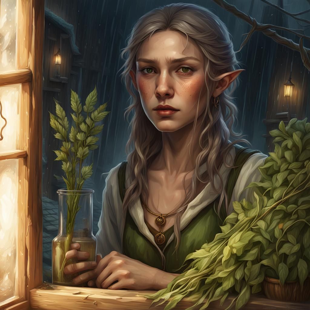 Wood-Elf Herbalist in Rainy Village: Dark Fantasy Art