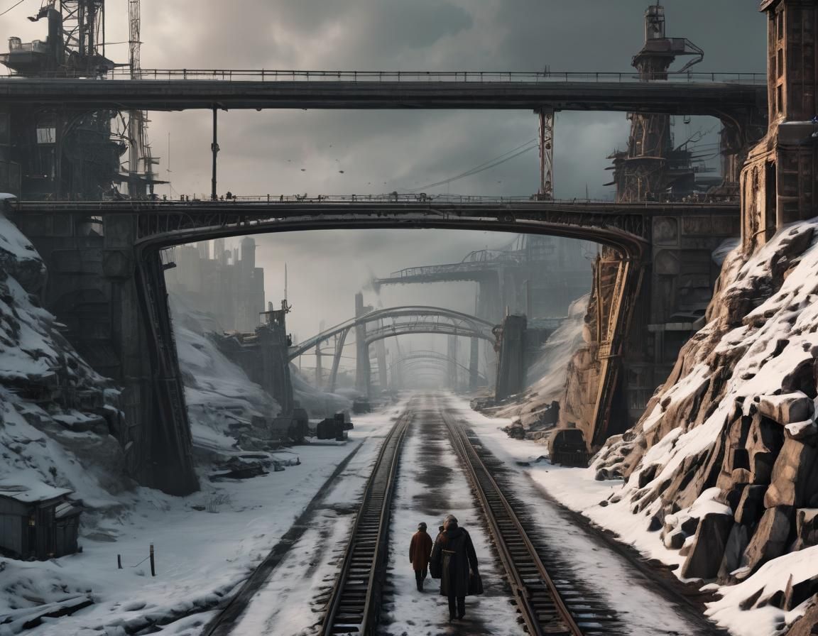 Cyberpunk Steampunk Bridge Amidst Dystopian Winter Ruins