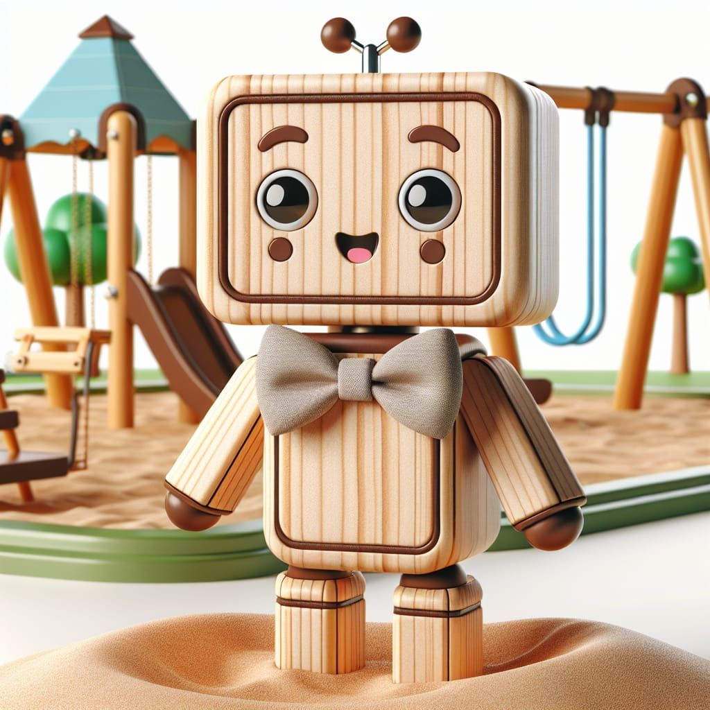 Disney Pixar style 3D adorable wooden robot, wearing a bow t...