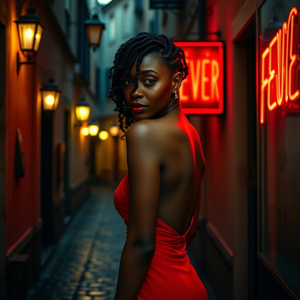 Black Woman in Red Gown in Moody Alleyway