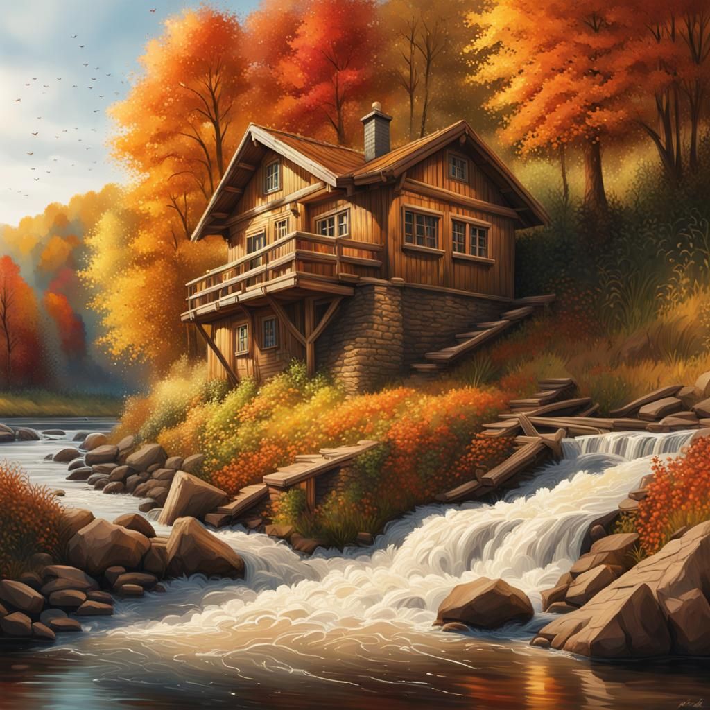 Autumn Log Cabin River Scene in Hyperrealistic Style