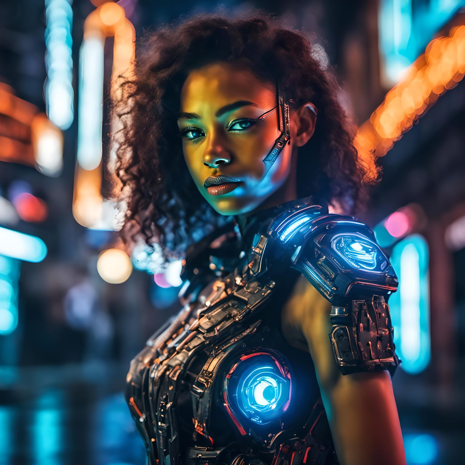 Cyborg Girl Portrait in Neon City, Hyperrealistic Style