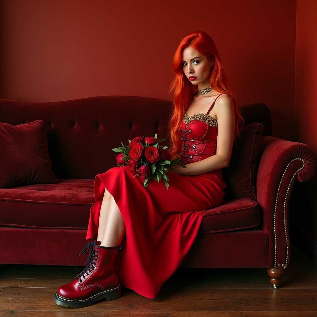 Woman in Red Dress with Roses, Pop-Surrealist Style