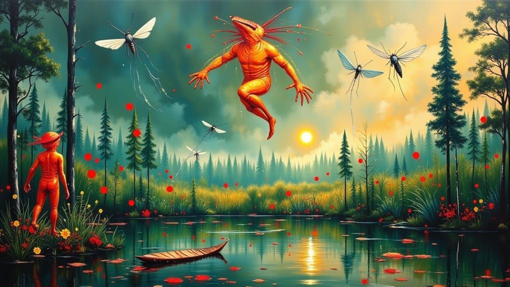 Demons Soaring Over Swamp in Surrealist Style
