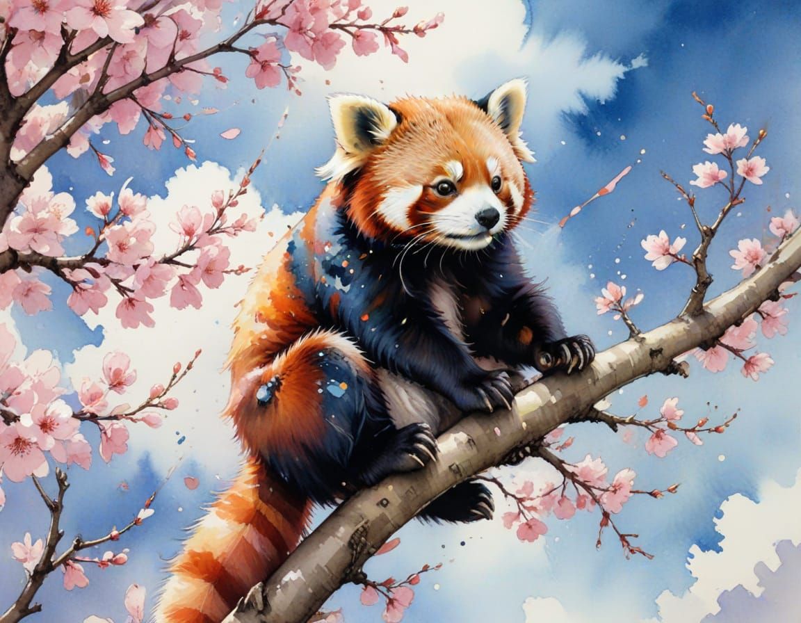 Red Panda in Cherry Blossoms, Watercolor Anime Style