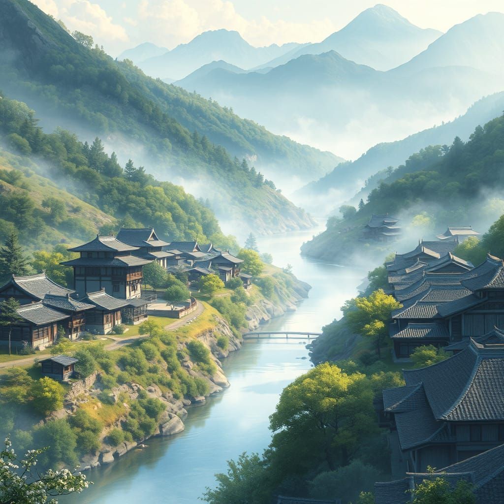 Breathtaking Korean Village in Watercolor Style