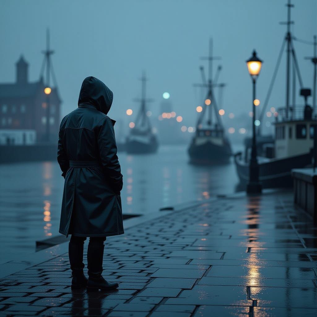 Gloomy Seaport at Dusk with Blurred Lights