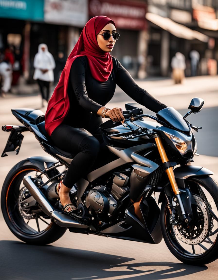 Muslim Women riding a sports bike