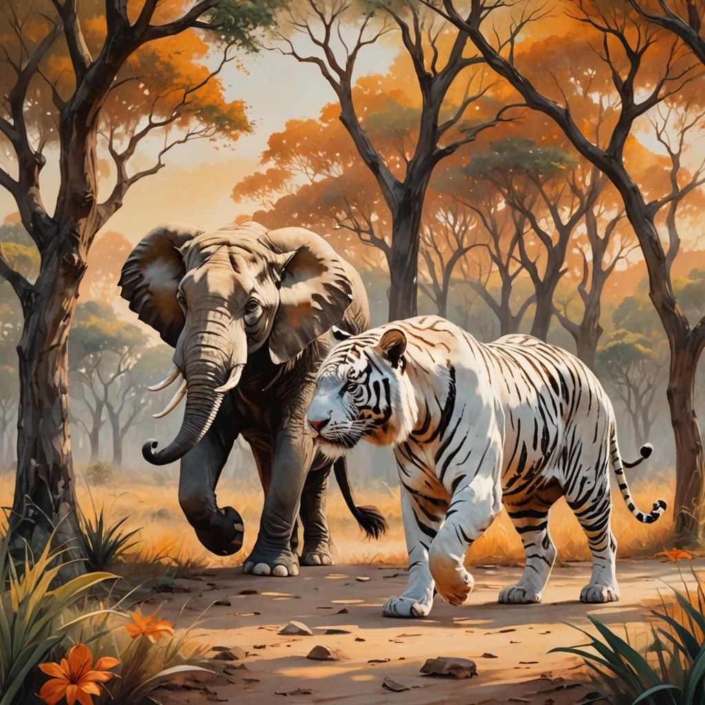 Elephant and Tiger in Savannah Oil Painting