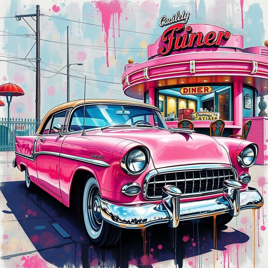 Pink Cadillac and Diner in Graffiti Street Art Style