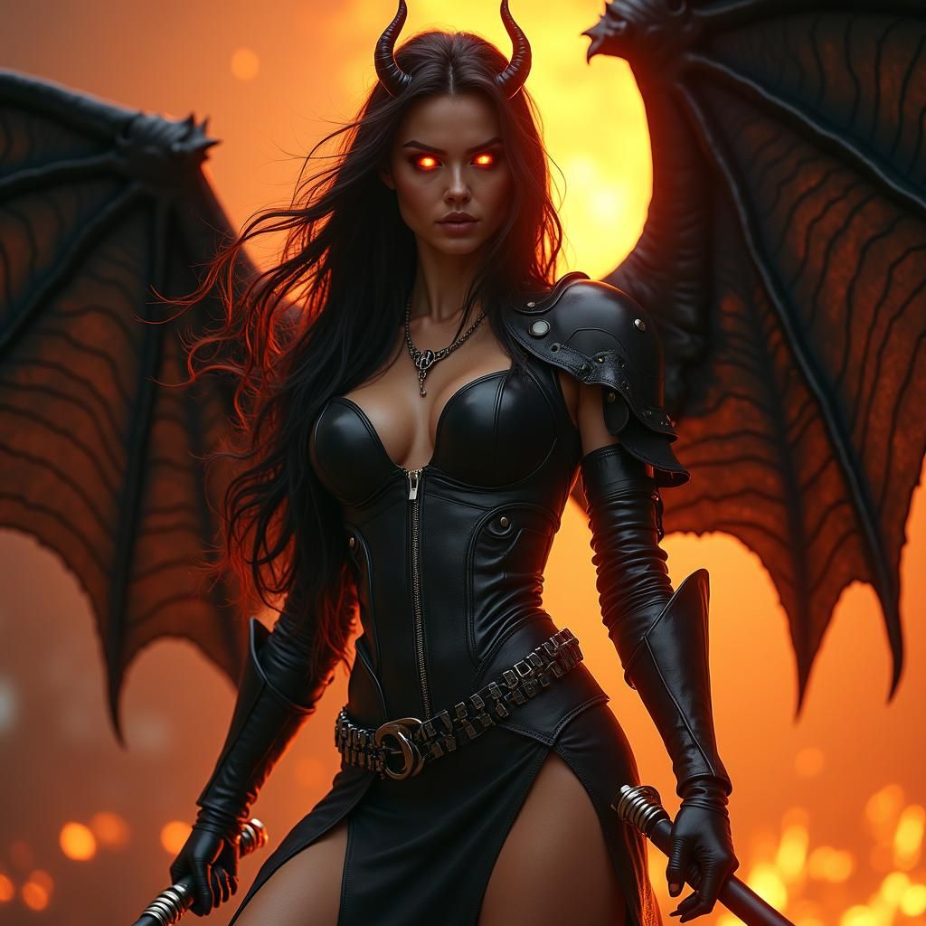 Beautiful angel demon hybrid. Glowing Fiery amber eyes. a fi...