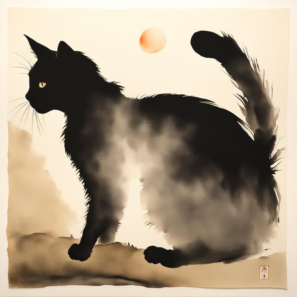 Cat Reaching for Sun: Sumi-e Ink Wash Painting