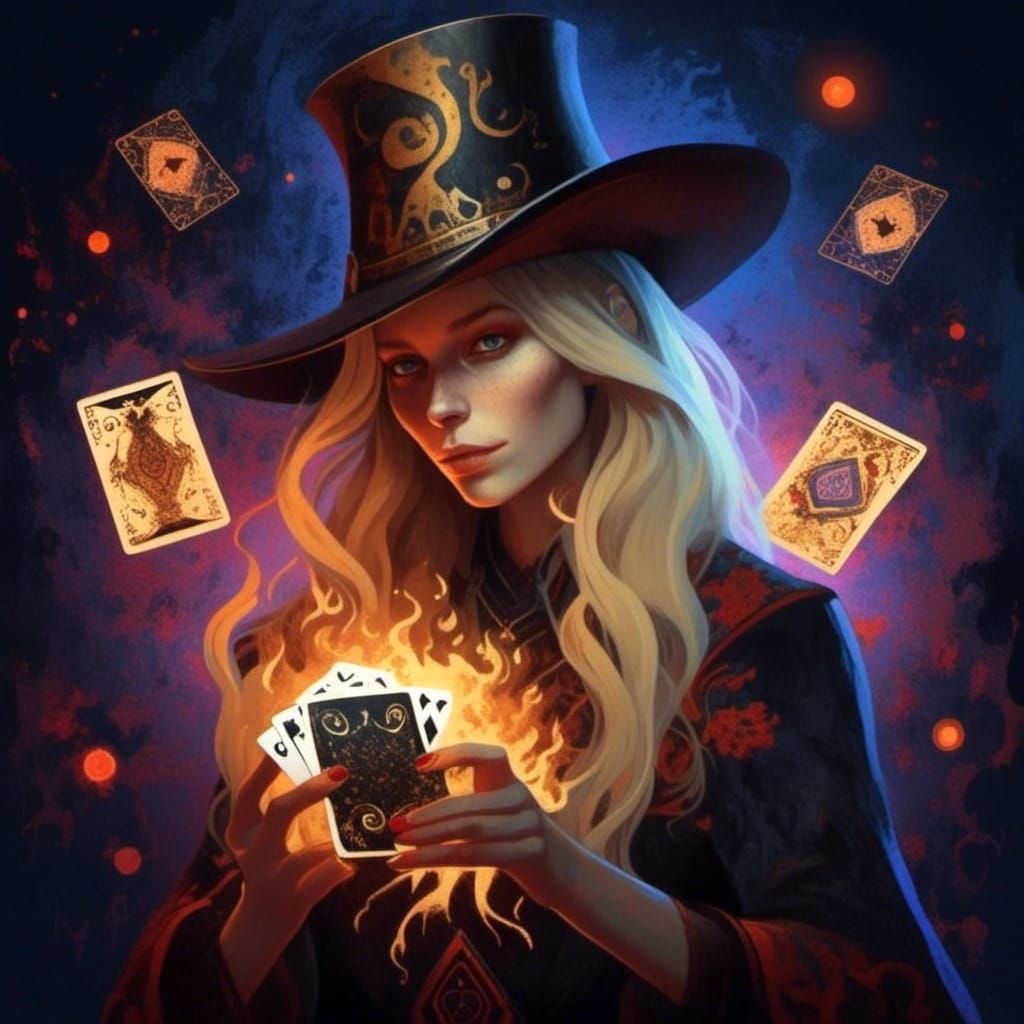 Beautiful Wizard with Flaming Card in Galaxy