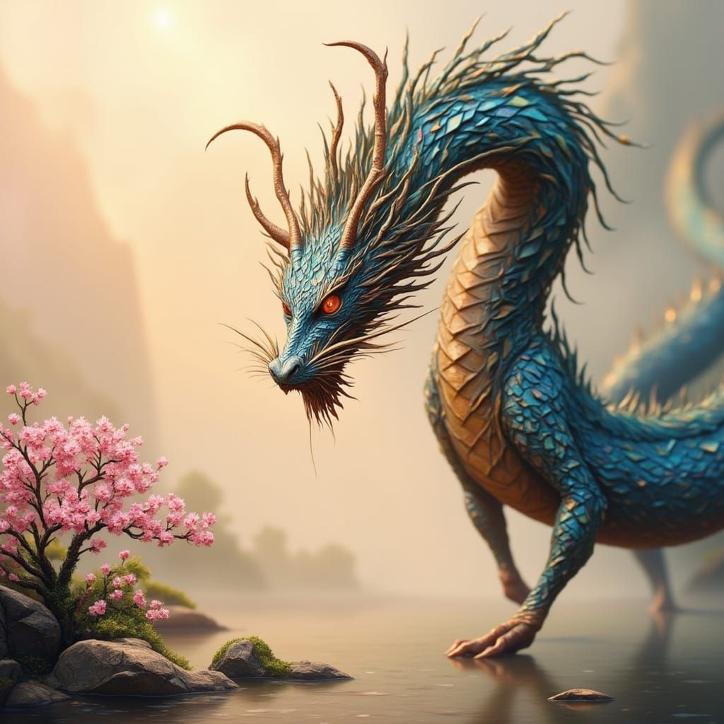 Stone Scaled Asian Dragon over Cherry Blossoms