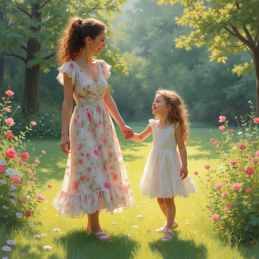 Mother and Child in a Sunlit Garden