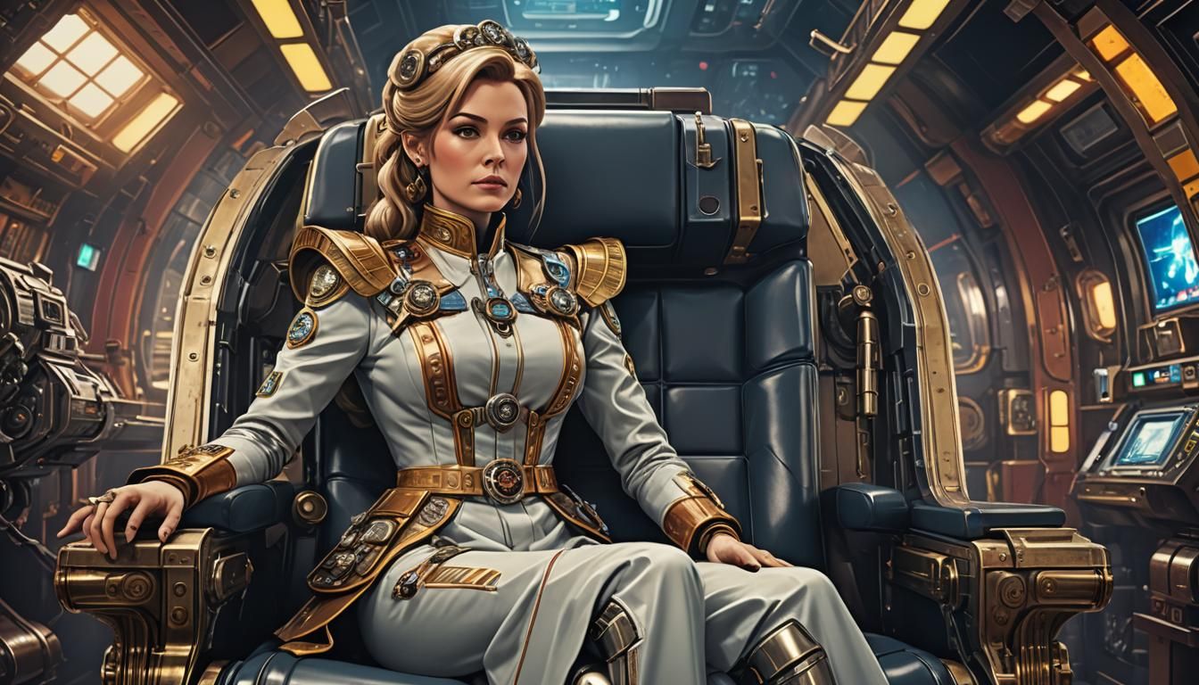 Anime Captain on Starship Bridge in Steampunk Style