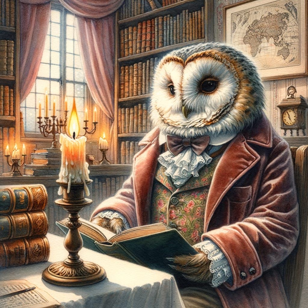 Wise Owl Reading by Candlelight: Watercolor Painting
