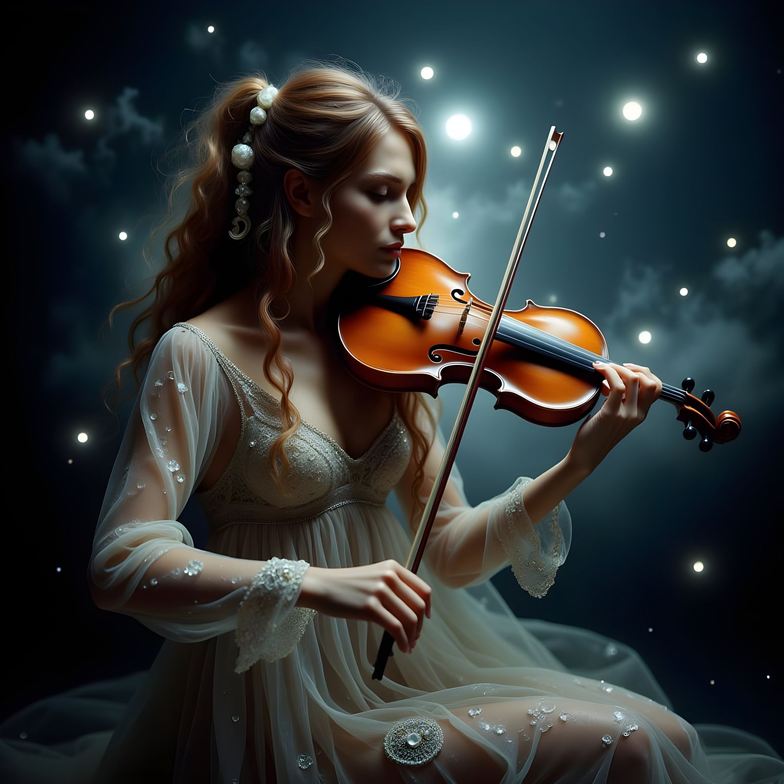 Dreamy Portrait of a Violinist Under Moonlight