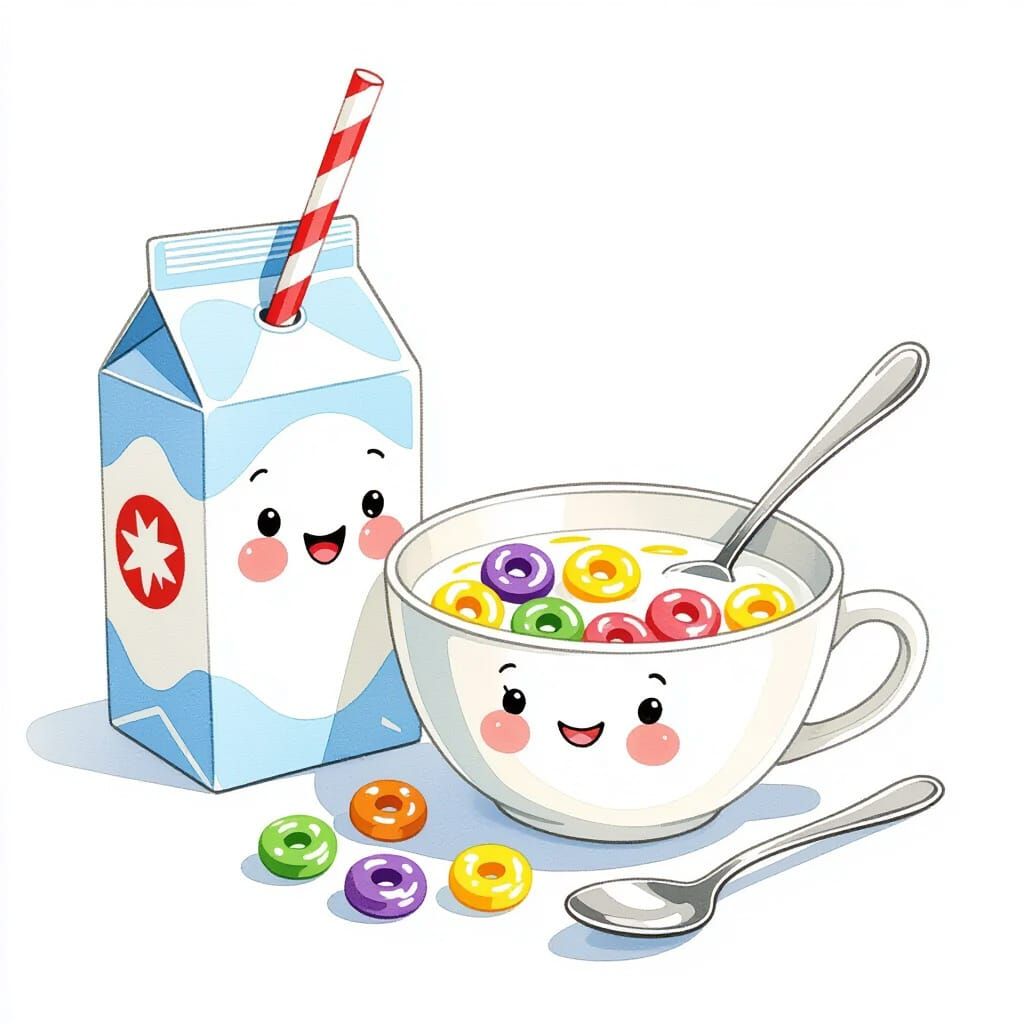 Cheerful Watercolor Milk Carton and Cereal Bowl