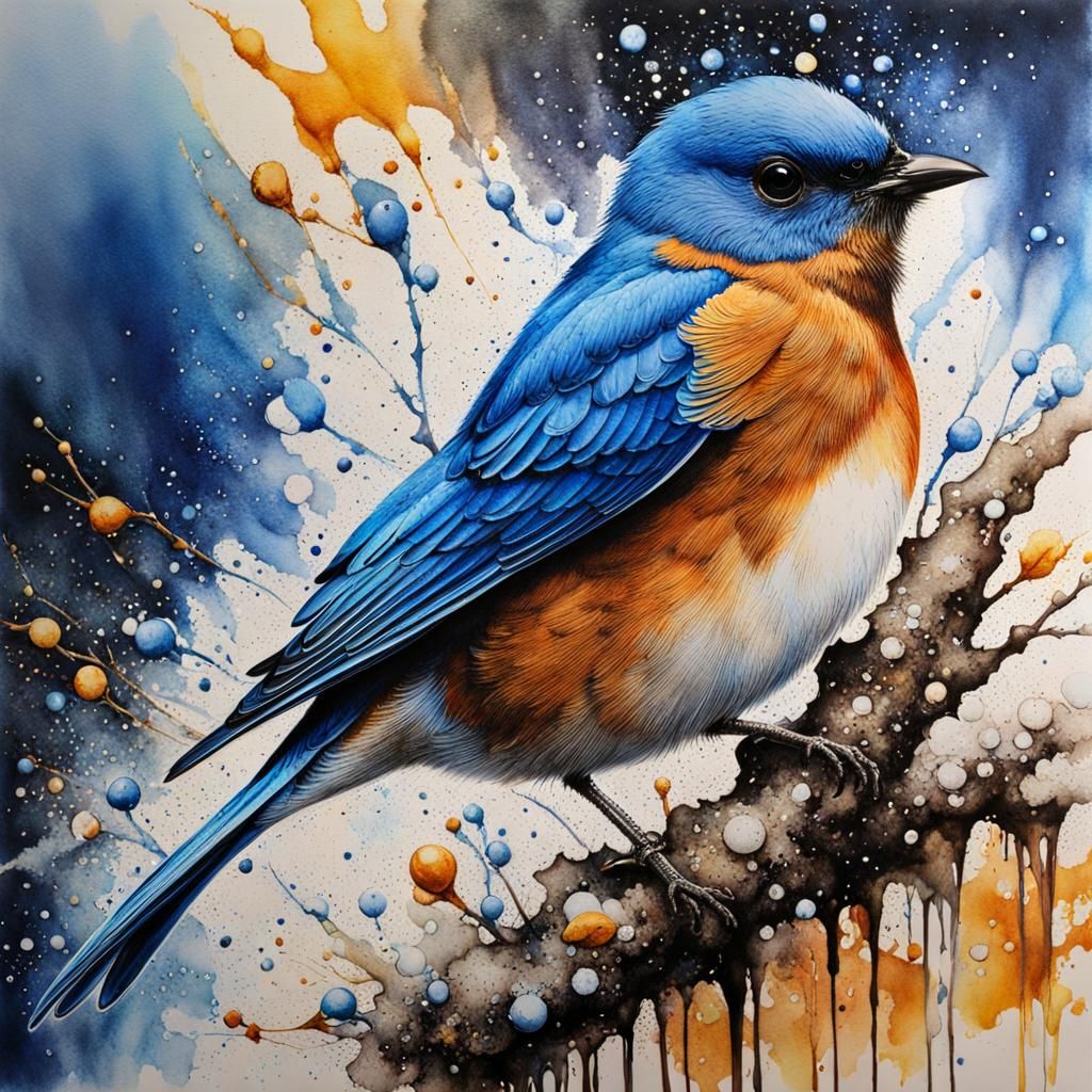 Bluebird in Ink Splatter Watercolor Style