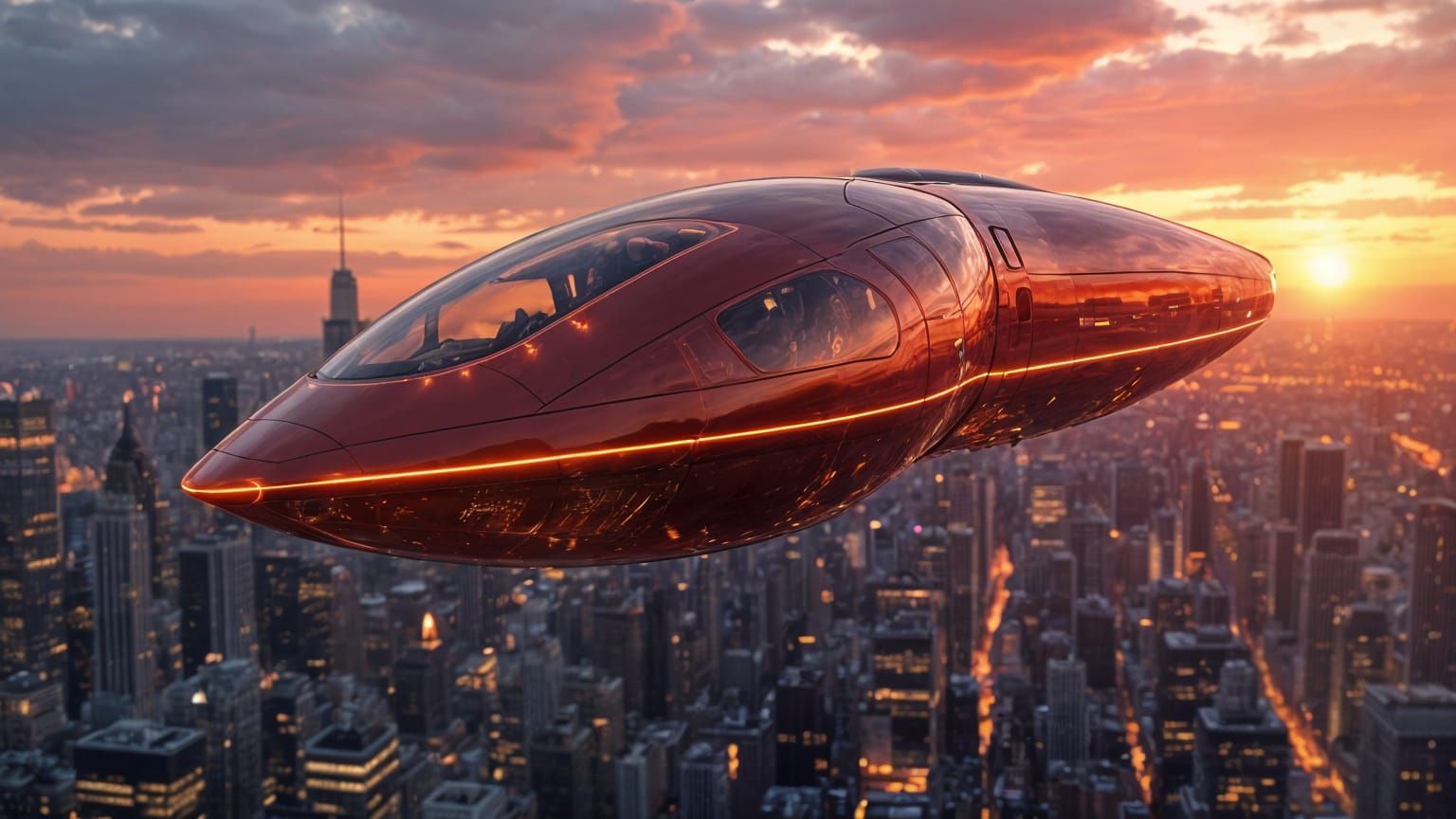 Futuristic Cabin Hovering Over New York City