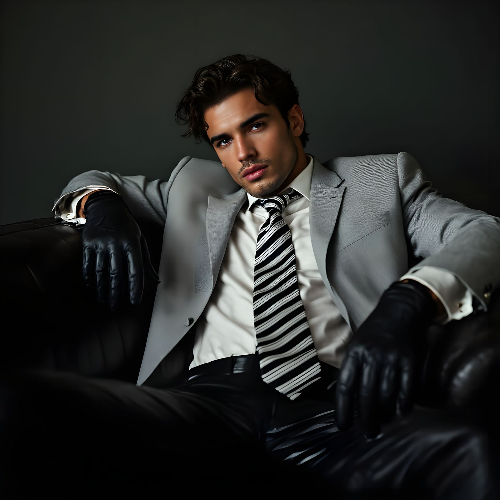 Man in Leather Trousers Reclines on Ribbed Sofa