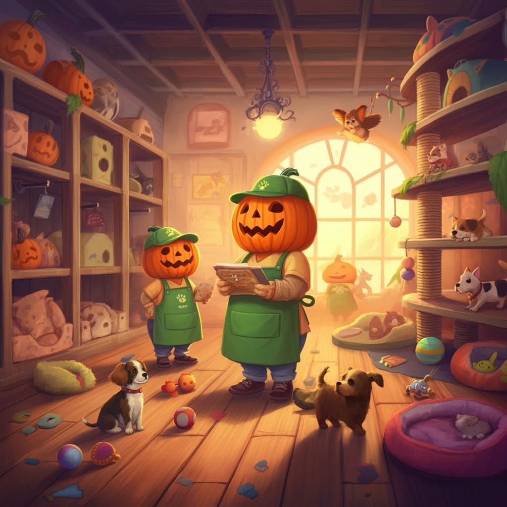 Pumpkins Running a Whimsical Pet Shop