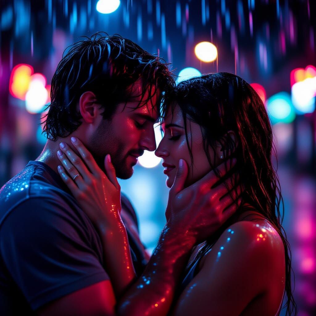 Man Gently Holds Woman's Face Amidst Neon Rain Reflections