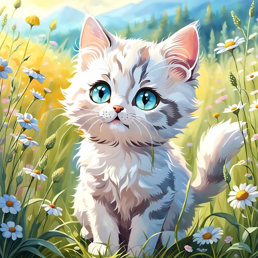 Enchanting Kitten in Meadow: Ghibli-Inspired Watercolor