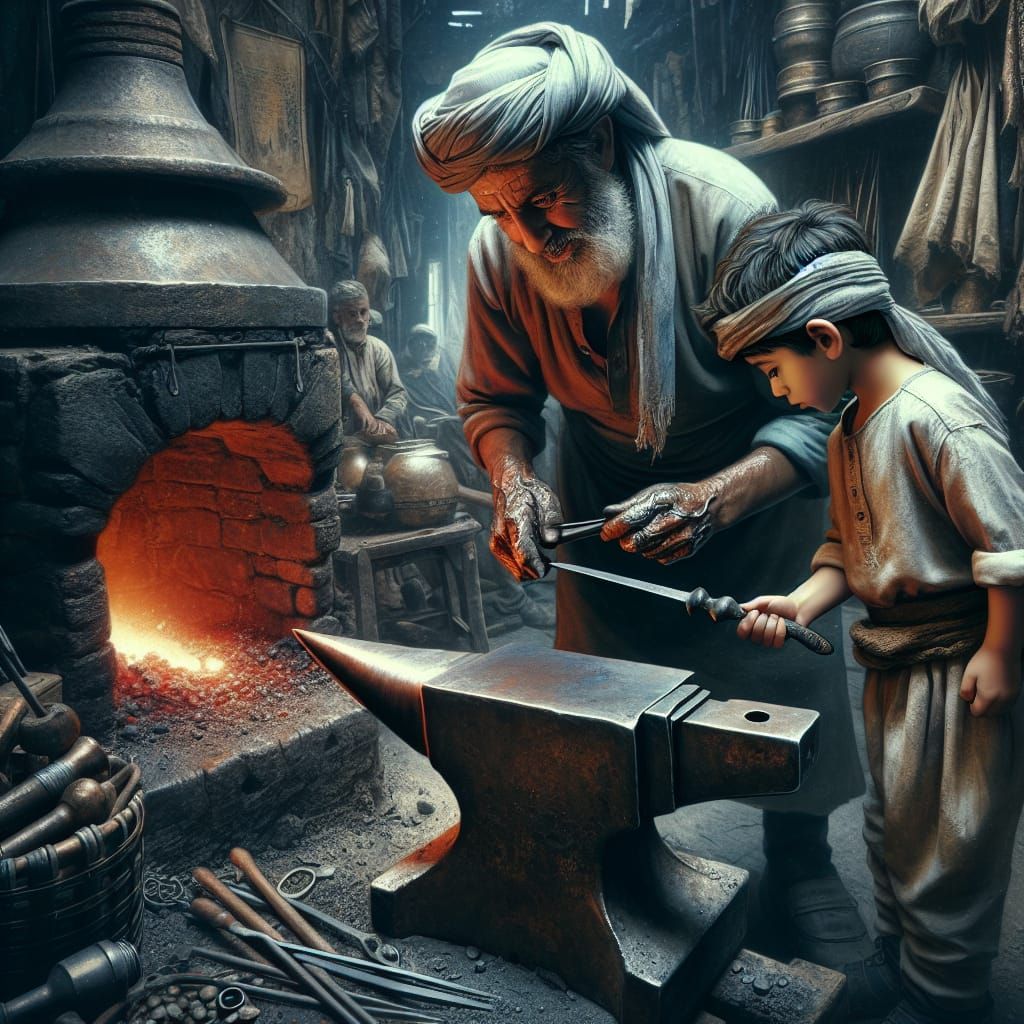 Blacksmith Guides Boy in Forge, Photorealistic Alcohol Ink