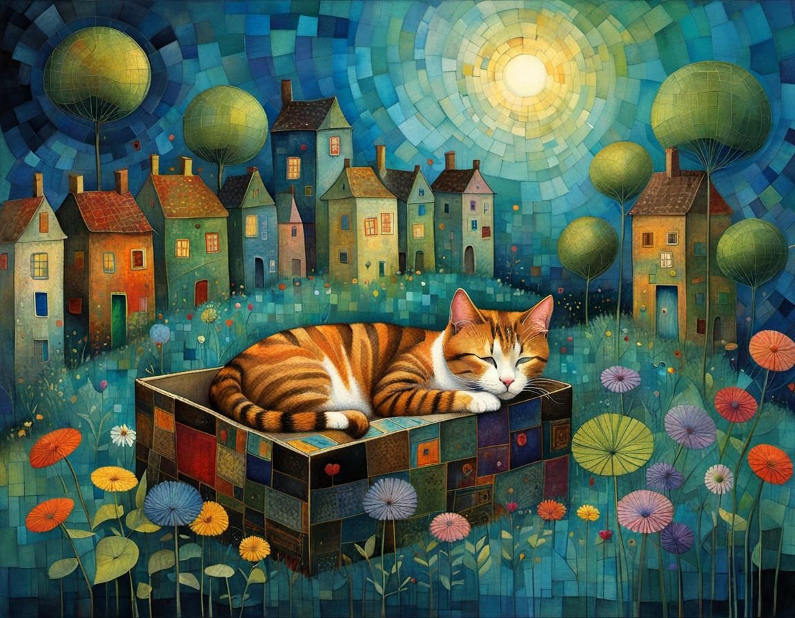 Cat Nap: Whimsical Illustration in Patchwork Style