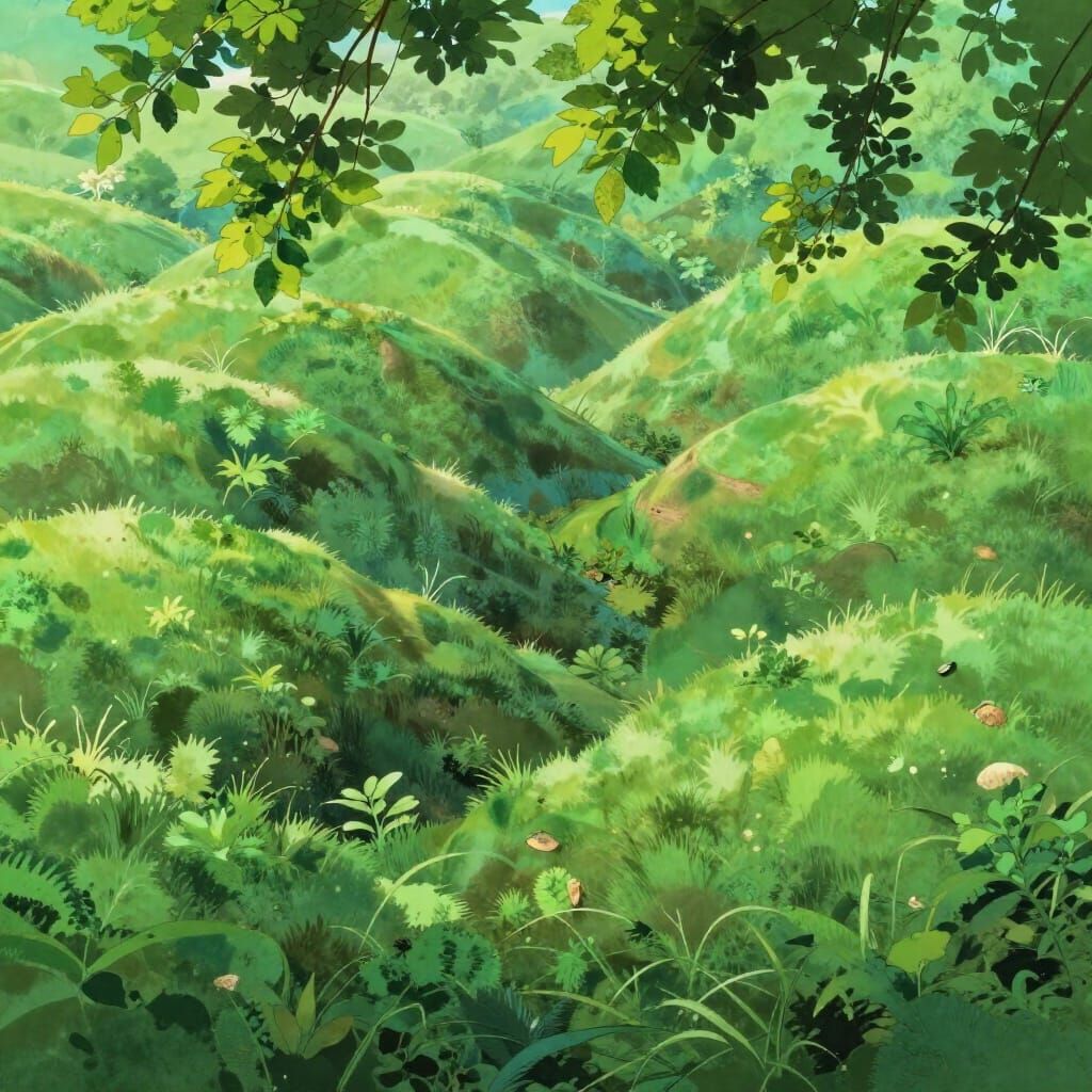 Lush Green Organic Landscape in Studio Ghibli Style