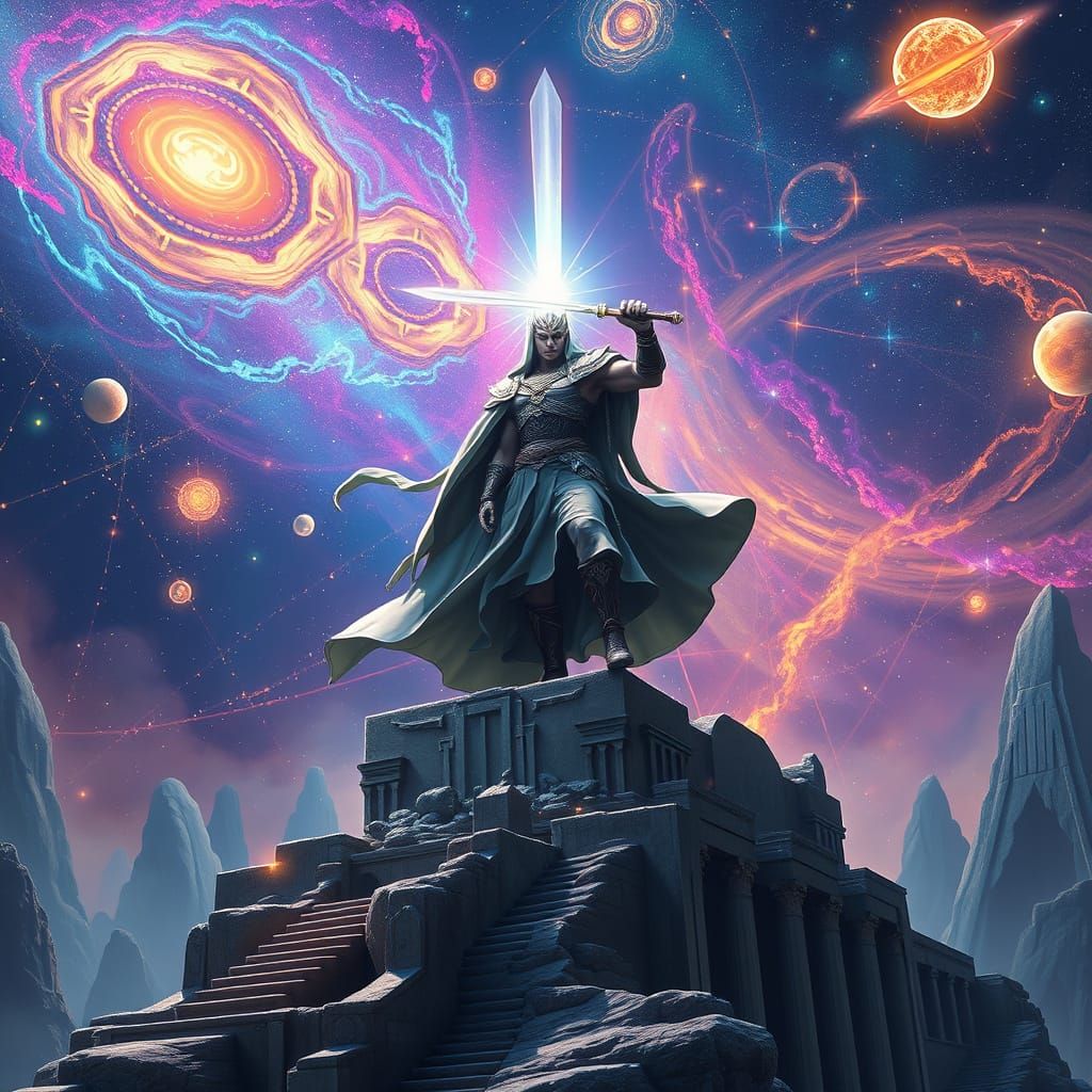 Celestial Warrior with Ethereal Blade in Cosmic Scene