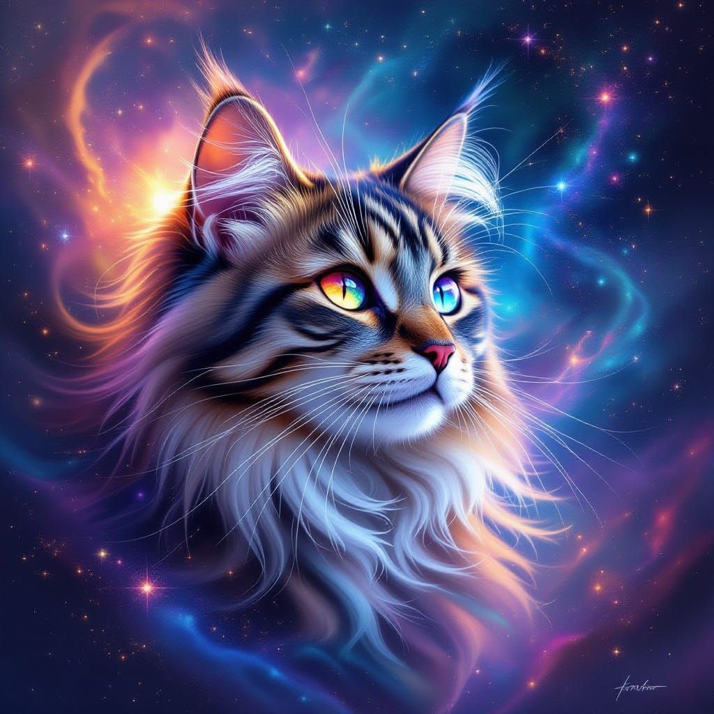 Mystical Cosmic Cat in Surrealist Digital Painting