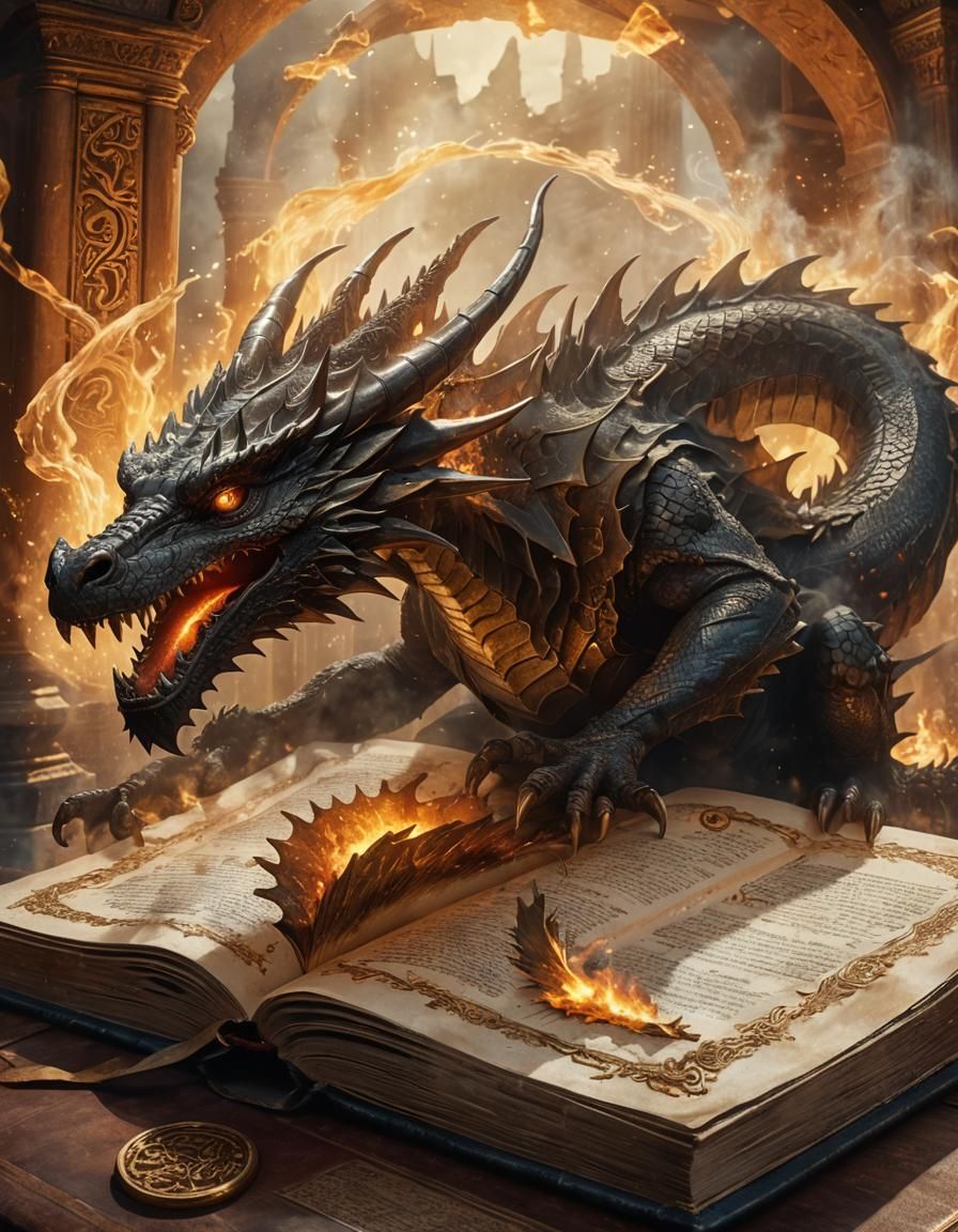 Menacing Dragon Perched Atop Ancient Mystical Book