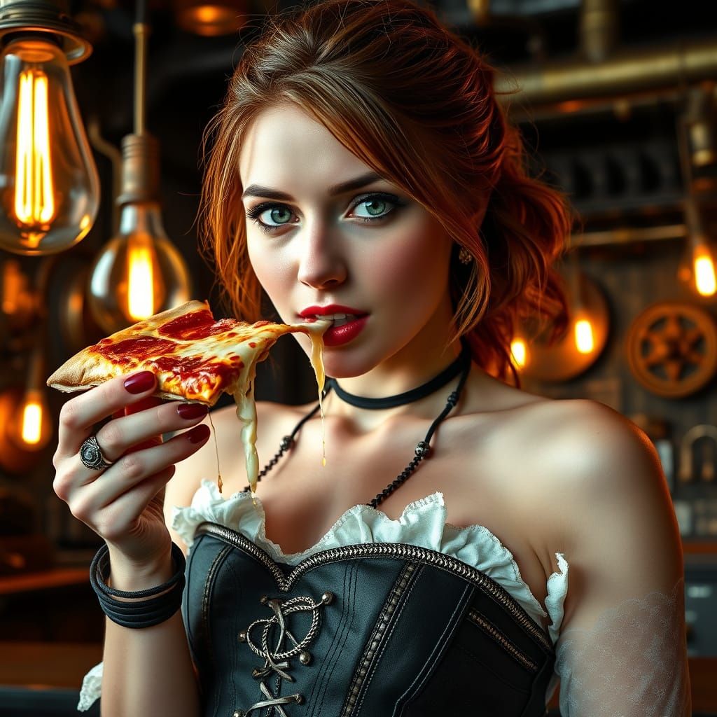 Steampunk Woman Savoring NY Pizza in Industrial Café