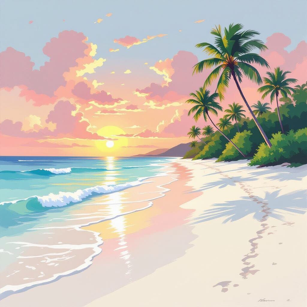 Serene Tropical Beach Sunset in Gouache Style