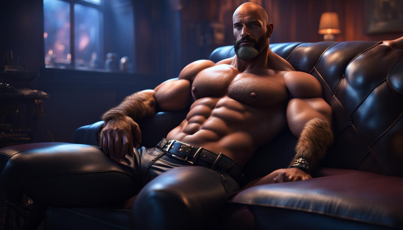 Relaxed Furry Bodybuilder in Detailed Matte Painting
