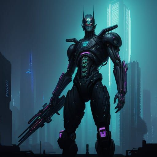 Biomechanical Cyborgs Amidst Urban Decay in Neon-Lit Futuris...