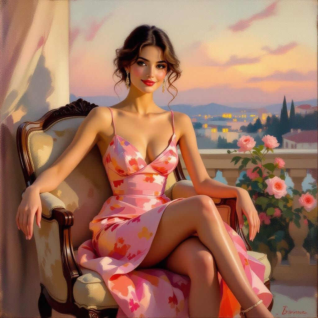 Elegant Woman in Mini Dress on Chair Arm