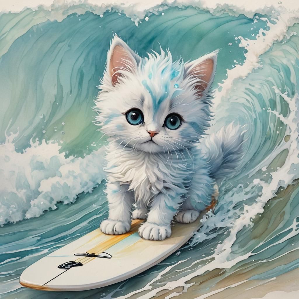 Kitten Surfer on Bioluminescent Wave in Watercolor
