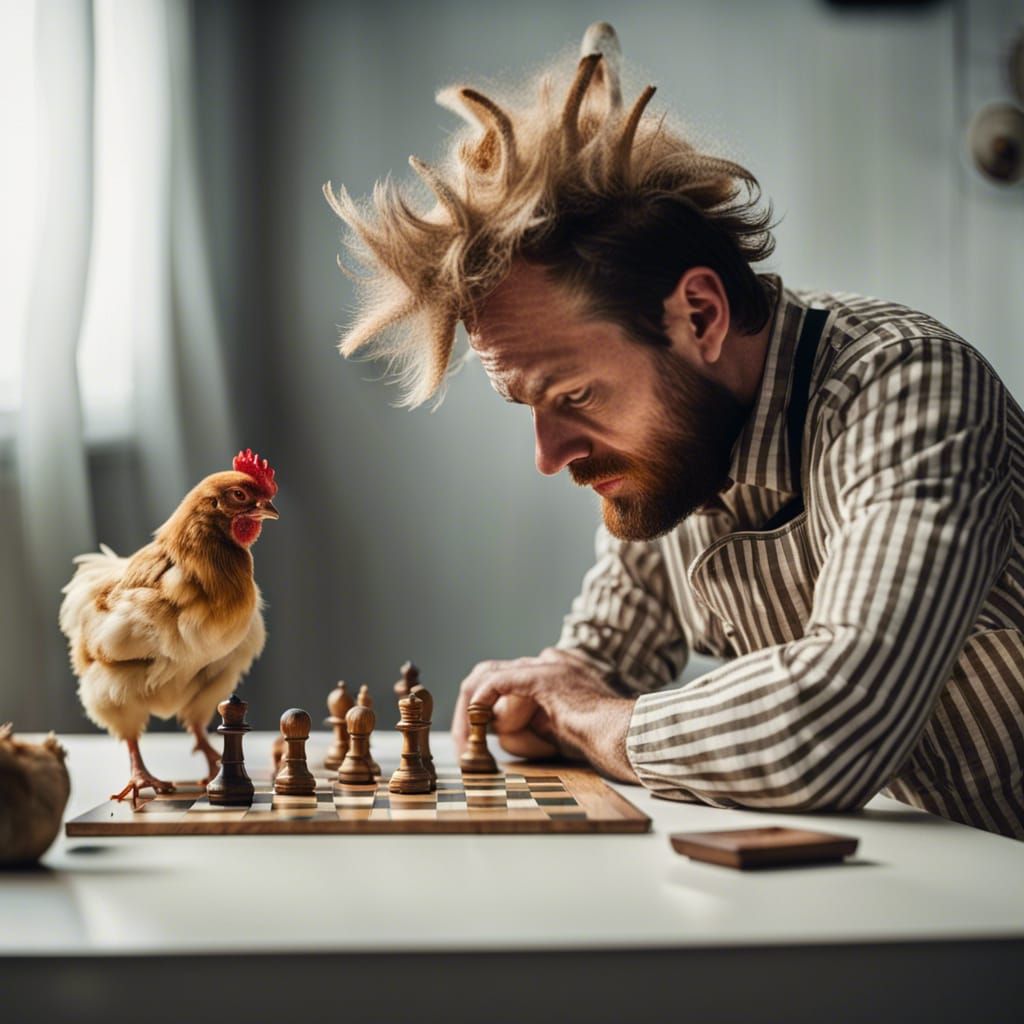 Chess Game with Chicken and Lion-Headed Men