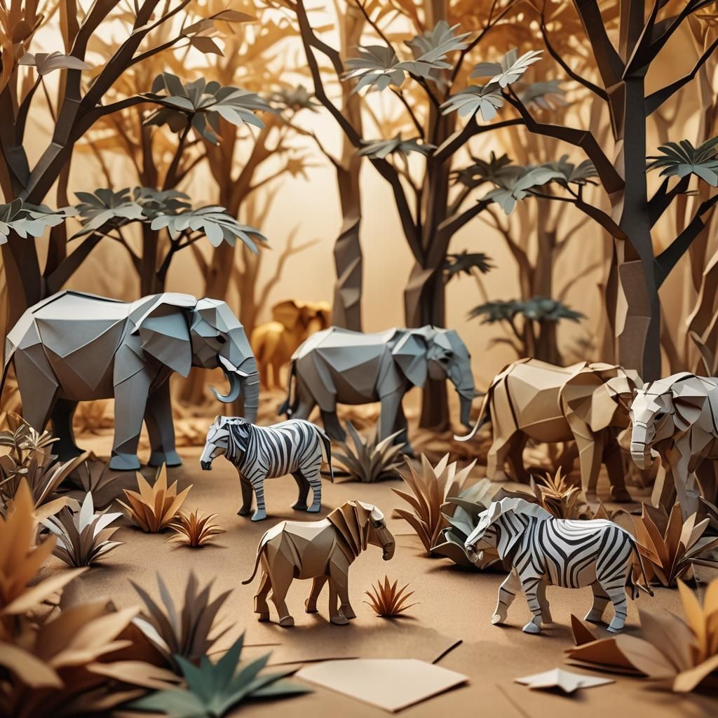 Origami Animals in a Nature Reserve at Golden Hour