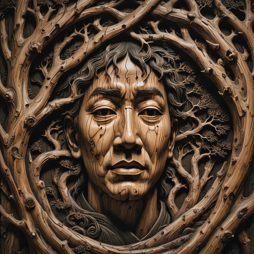 Eerie Wood Carving of Man's Face in Japanese Woodblock Art